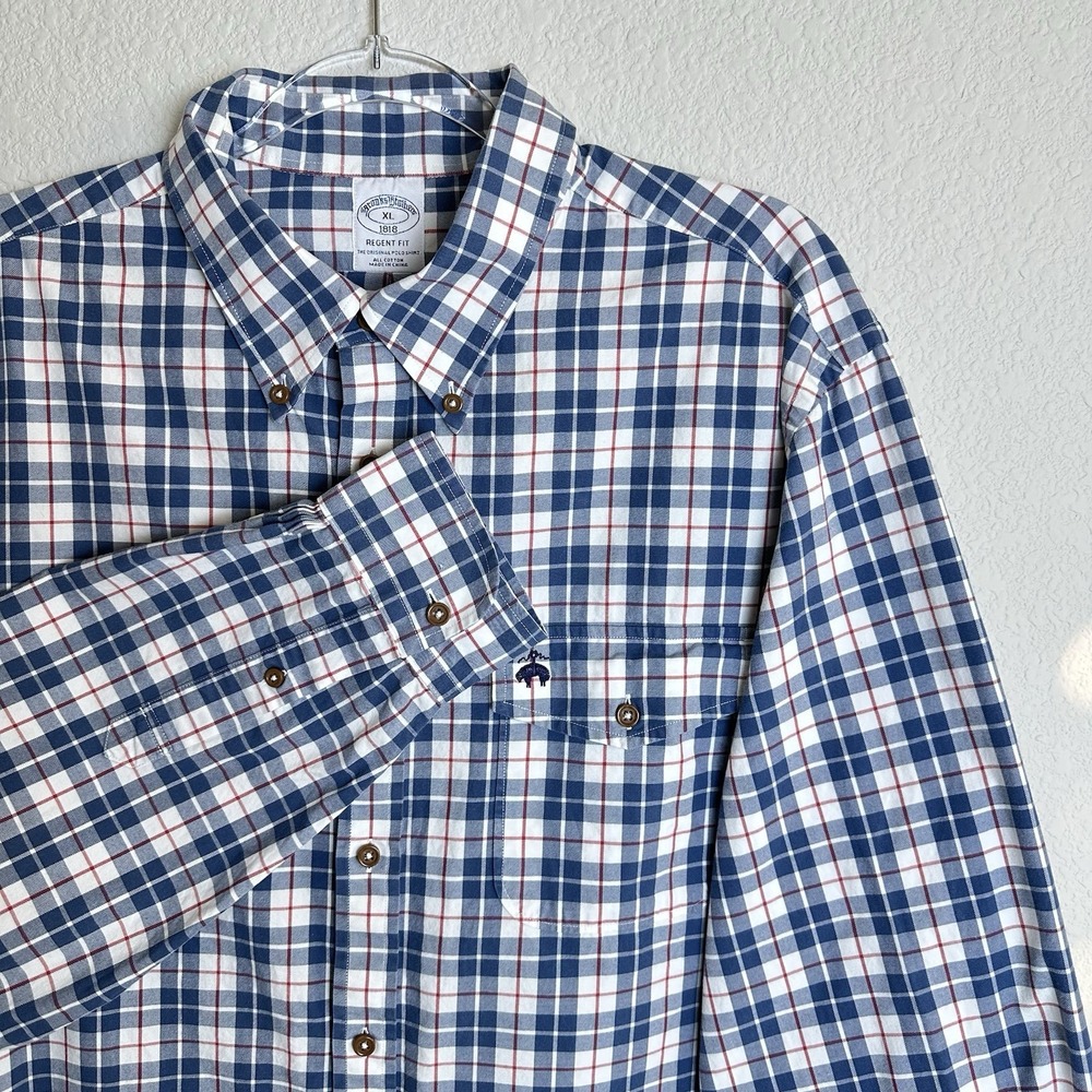 Brooks Brothers Regent Fit Men's XL Dress Shirt Button Down Blue White Plaid Red
